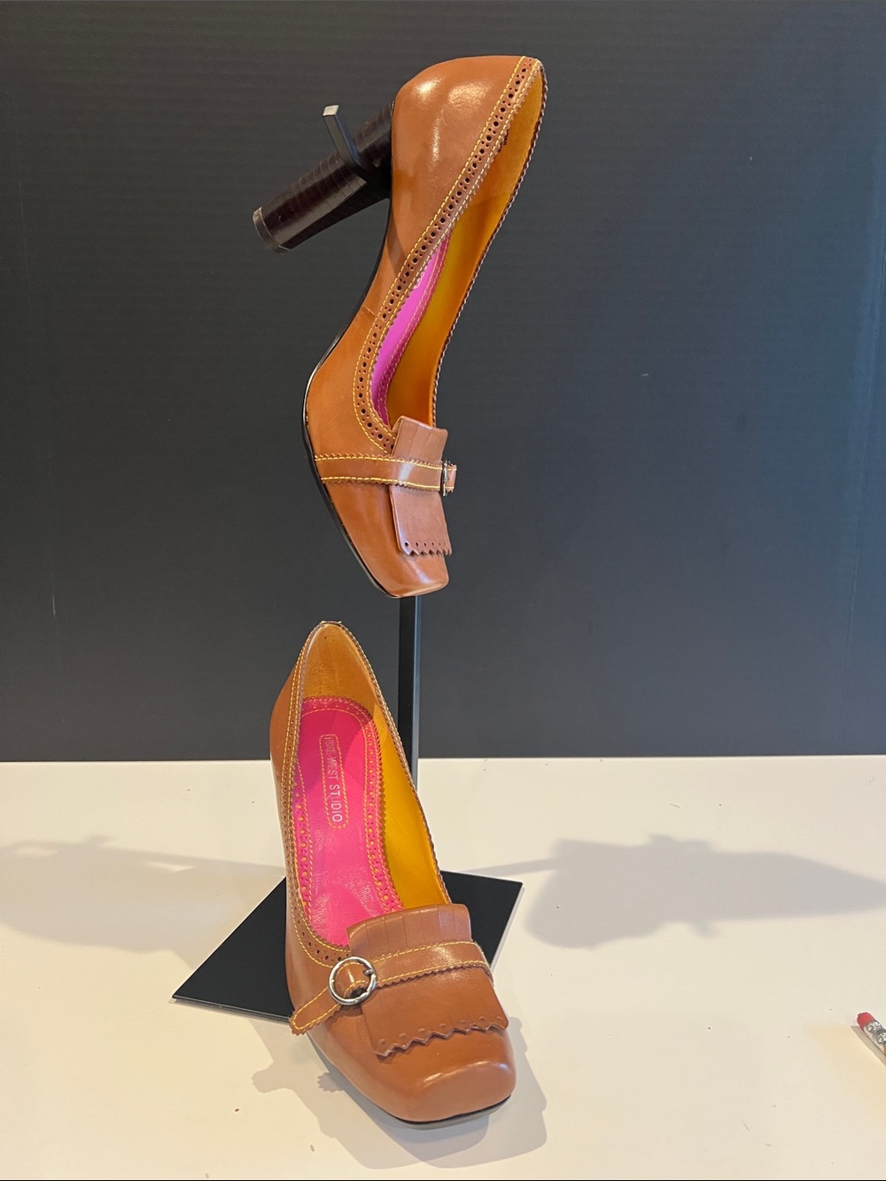 Women's Tan Leather Block Heel with Decorative Buckle